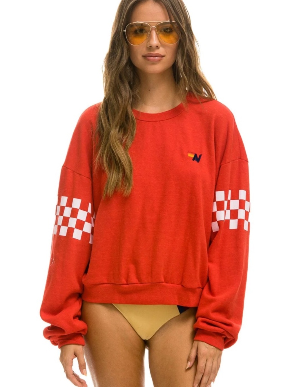 Aviator Nation CHECK 2 SLEEVE RELAXED CREW SWEATSHIRT - RED // WHITE Size Small